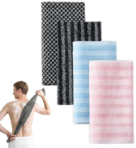 Juego de 4 toallas de ducha exfoliantes, 100 x 25 cm, esponja de malla extralarga con textura de doble cara, paño exfoliante corporal con iones de plata, guante de ducha para hombres y mujeres, suave