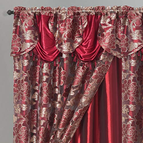 GOHD – Royal Rosarium Lot de 2 Rideaux de fenêtre en Voile Jacquard avec cantonnière Fantaisie attachée et Envers en Taffetas Bordeaux 147,3 x 213,4 cm (l x H)