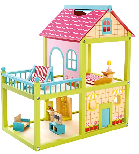 Bino Puppenhaus, Spielzeug für Kinder ab 3 Jahre, Kinderspielzeug (großes Puppenhaus aus Holz, 41 teilig, 2 Spielebenen, luxuriöses Spielhaus inklusive Zubehör & lebensnaher Dekoration), Mehrfarbig