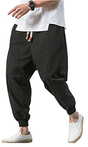 LifeHe Men's Hip Hop Harem Pants Joggers Linen Drawstring Elastic Waist Baggy Drop Crotch Sweatpants Trousers Black