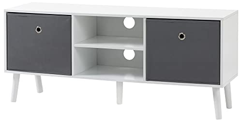 HOMCOM Mueble de TV para Televisores de hasta 50 con 2 Cajones de Tela, 2 Estantes Abiertos y Orificios para Cables Mesa para Salón Moderna 110x29x46,5 cm Blanco y Gris
