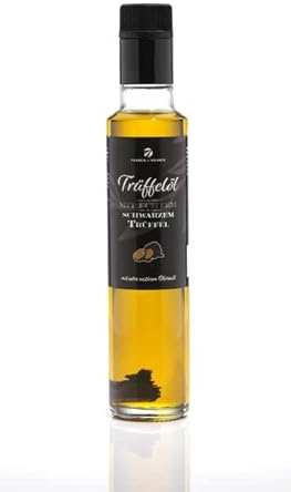 Huile de truffe avec véritable truffe noire 250 ml d'huile d'olive extra vierge vierge pour sauces et affiner les plats. Par Franck et Olivier, convient aux régimes végétaliens et sans gluten
