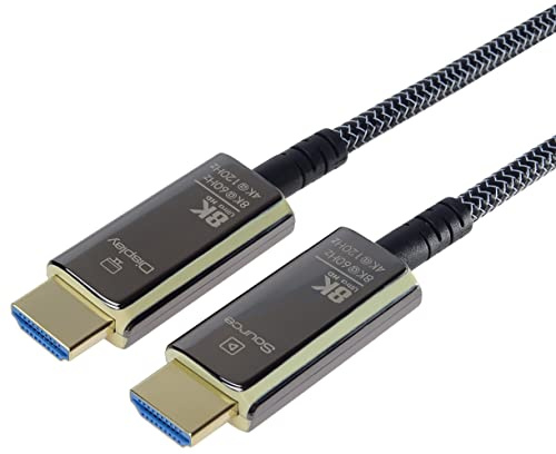 PremiumCord 8K Câble à Fibre Optique HDMI 2.1, Ultra High Speed 48 Gbit/s, 3D, EDID, ARC, HDR, Résolution 8K@60Hz 4320p, 4K@120Hz, Compatible PS5, Xbox X, PC, TV, Noir/Or, Longueur 10 m