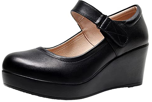 Jamron Dam Hög Plattform 6CM Kilklack Mary Jane Skor Kardborreband Läderpumps med Ankelrem Svart SN070281-1 EU39.5