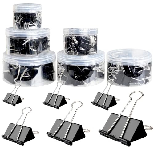 208 Pack Binder Clips Paper Clamps Assorted Size (Black) with Box, Jumbo, Large, Medium, Small, Mini and Micro,6 Sizes for Office, School and Home