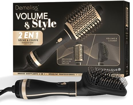 Demeliss SAINT ALGUE - Brosse Soufflante 2 en 1 VOLUME & STYLE - Sèche & Coiffe, Tous Types de Cheveux - 2 Têtes Interchangeables - Revêtement Céramique & Tourmaline - 3 Températures