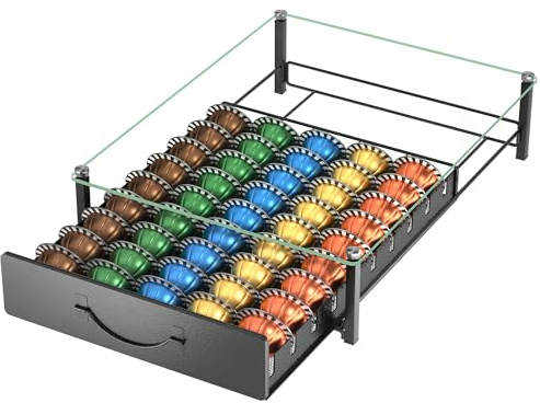 Tempered Glass Coffee Pods Holder for 50 Vertuo & 50 Dolce Gusto, Multi-Capsules Organizer for Nepresso Original, Lavazza Mio, Tchibo Cafissimo etc, Coffee Pods storage Drawer for Countertop