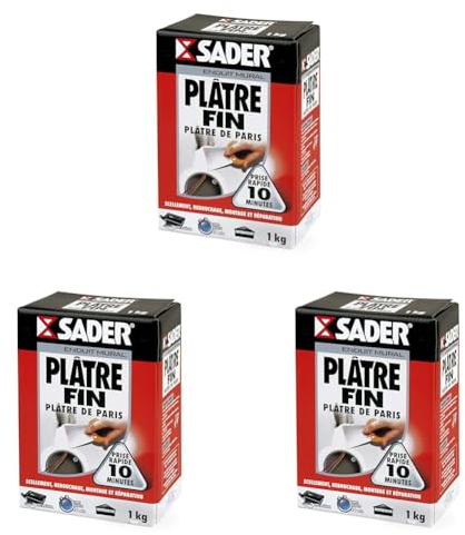 Sader - Plâtre Fin de Paris - Scellement, Rebouchage, Montage et Réparation - Tous Supports - Intérieur - Prise Rapide 10 Minutes - 1 Boîte Carton 1 kg (Lot de 3)