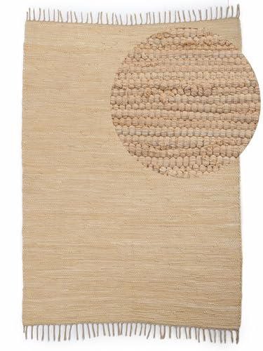 carpetfine Flickenteppich Kelim Chindi Uni Beige 140x200 cm, handgewebt | Fleckerlteppich aus Baumwolle für Wohnzimmermit Fransen