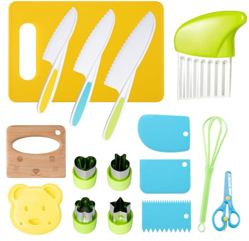 Coltello per bambini Set di coltelli da cucina per bambini da 16 pezzi per tagliare e cucinare frutta o verdura per i più piccoli Include blocco di taglio per coltelli in legno