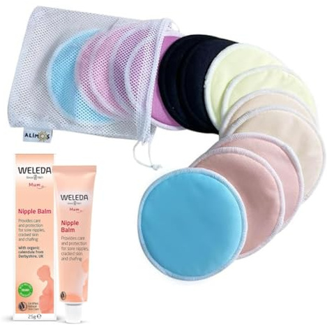 Alimos Organic Bamboo Nursing Pads, Pack of 14 Reusable Washable Breast Pads, Ultra-Absorbent Breastfeeding Nipple Pads Bundled with Weleda Nipple Balm 25g