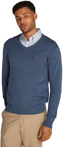 Tommy Hilfiger Jersey Hombre Essential Cotton con Cuello de Pico, Azul (Aegean Sea Heather), XS