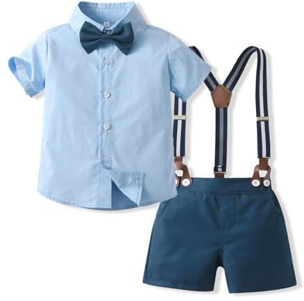 Volunboy Bebé Niño Caballero Conjunto, Camisa de Manga Corta con Pajarita + Corta Pantalón Verano 4 Piezas Traje Ropa(Azul Marino,2-3 años,Tamaño 100)
