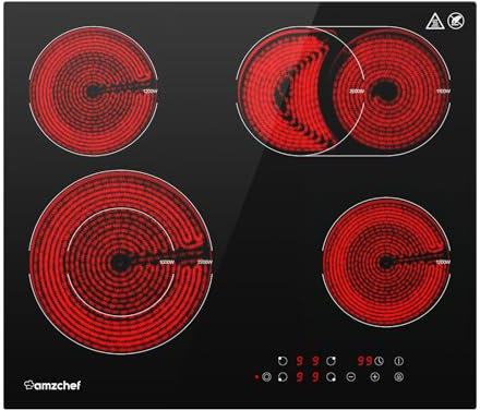 AMZCHEF Plaque Vitrocéramique 4 Feux 6600W,Table de cuisson électrique 60cm,électrique encastrable avec 9 niveaux de puissance,zone de grillage,Verrouillage de sécurité,Minuterie,Noir