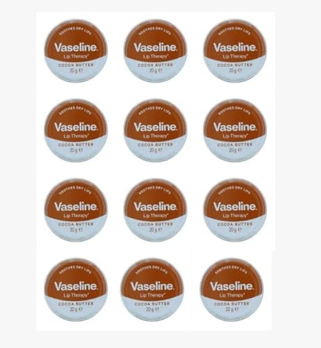 Vaseline Lip Therapy Kakaobutter, 20 g, 12er-Pack – Feuchtigkeitsspendender Lippenbalsam für weiche, gepflegte Lippen mit Kakaoduft + kostenlose Hautpflegeprobe