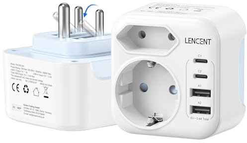 LENCENT Adaptador Enchufe India, Cargador India Viaje con 2 USB-C y 2 USB-A, Adaptador Europa Portugal a India Compacto Plegable para Sri Lanka, Nepal, Níger, Líbano, Ghana, Myanmar, Senegal, Tipo D