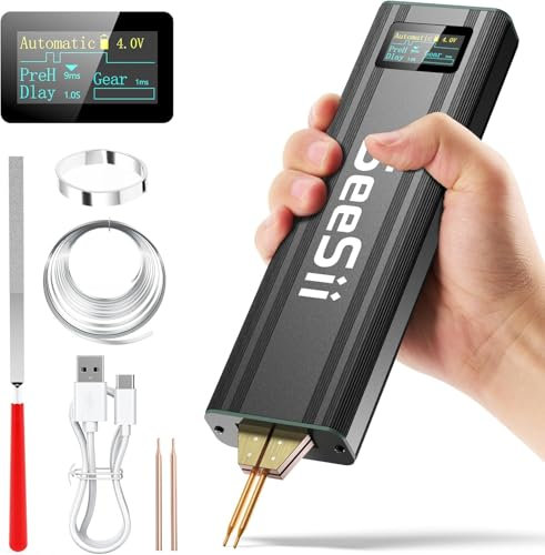 Seesii Soldador por Puntos - SE-209 Mini Spot Welder con Batería de 5,0 Ah para 0,1-0,2 mm Hojas de Níquel, Hierro, Acero Inoxidable, Soldador de Puntos 1-80 Niveles, Modo Automático y Manual