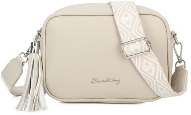 Bolso bandolera mujer pequeño de cuero PU con dos bandoleras bolso mensajero para cruzar polipiel regalo original para mujer (Beige)