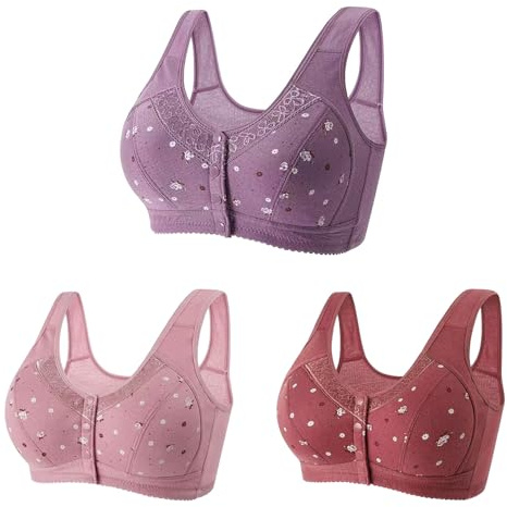3 Pezzi Reggiseno Senza Ferretto Donna Aperto Davanti Taglie Forti Reggiseni Senza Cuciture con Bottoni Cotone Bralette Sportivi Leggero e Traspirante Top Abbigliamento per Palestra Corsa Yoga