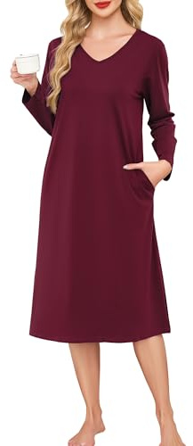 Wikoan Camicie da Notte da Donna Cotone Camicie da Notte con Scollo a V Camicia da Notte a Maniche Lunghe con Tasche,Bordeaux,XL