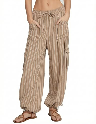 Ladyful Women's Casual Wide Leg Palazzo Pants High Waisted Striped Flowy Loose Summer Lounge Boho Harem Trousers with Pockets Khaki