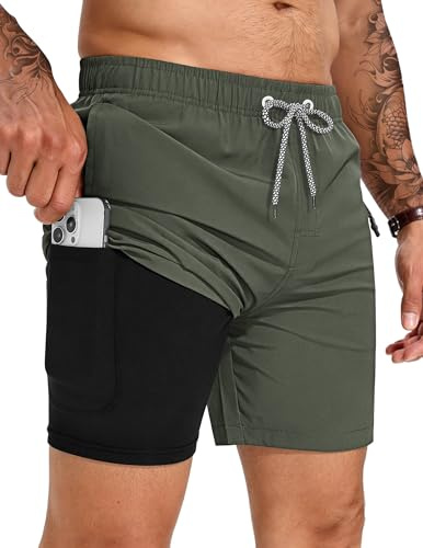 TARAINYA Badbyxor herr 2 i 1 med kompression foder snabbtorkande badshorts med dragsko fickor för strand simning semester M-4XL