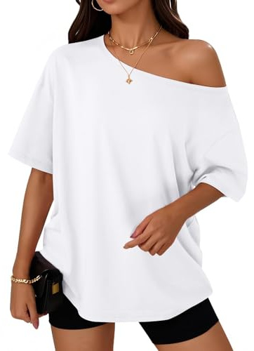 LILLUSORY Oversized T Shirts for Women UK Off the Shoulder Tops Summer Short Sleeve Tshirts Plus Size Fashion Going Out Clothes 2026 White XL