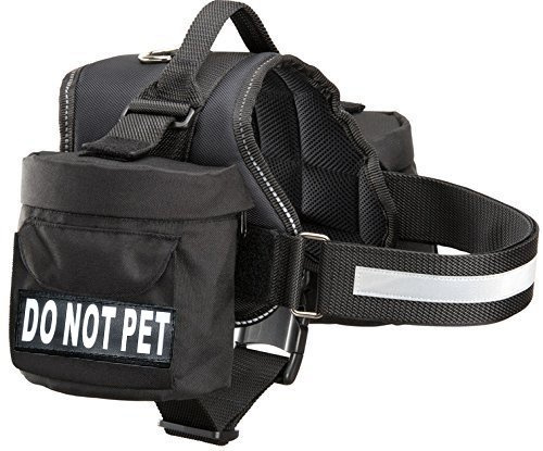 Doggie Stylz Do Not Pet Dog Harness Vest with Removable Saddle Bags and Reflective Patches. (Black Fits Girth 24-31 inches)