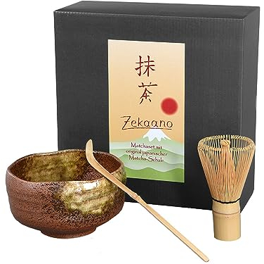 Zekaano Matcha Set - Original japanische Matcha Schale Chawan 500 ml mit Matchabesen Chasen und Bambuslöffel Chashaku, traditionell, braun/schwarz, Ø 13cm, handgefertigt, Original Aricola