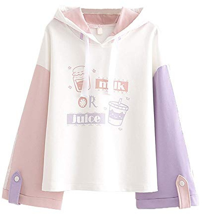 Packitcute Lolita Casual Hoodies Teen Girls Patchwork Cute Cartoon Long Sleeve Tops (L) White
