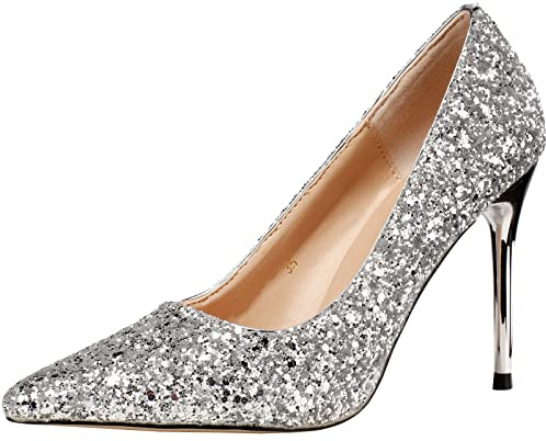 wealsex Escarpin Paillette Bout Pointu Talon Haute Aiguille Chaussure Soirée Mariage Club Mode Sexy Femme(Argenté,43)
