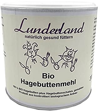 Lunderland Bio-Hagebuttenmehl 300g, 100% Bio Hagebuttenmehl, ganze Hagebutten Plus Hagebuttenschalen gemahlen, Einzelfuttermittel für Hunde und Katzen