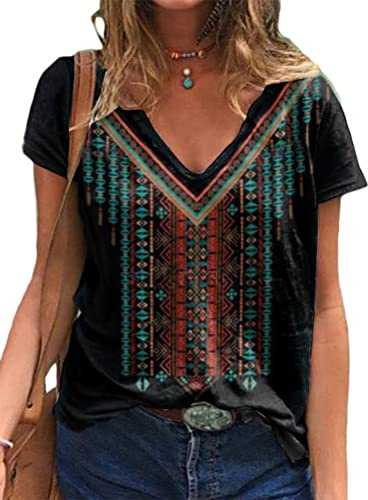 Onsoyours T-Shirt à col en V pour Femme Imprimé Ethnique Col Rond Manches Courtes Chemisier d'été Basique Imprimé Décontracté Blouse Basique C Noir XXL