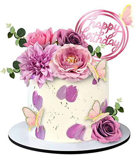 20 PCS Flower Cake Toppers Butterfly Cake Decorations Happy Birthday Cake Toppers with Pink Purple Flowers Eucalyptus Butterflies for Birthday Party Wedding Baby Shower Supplies (Pink Purple)
