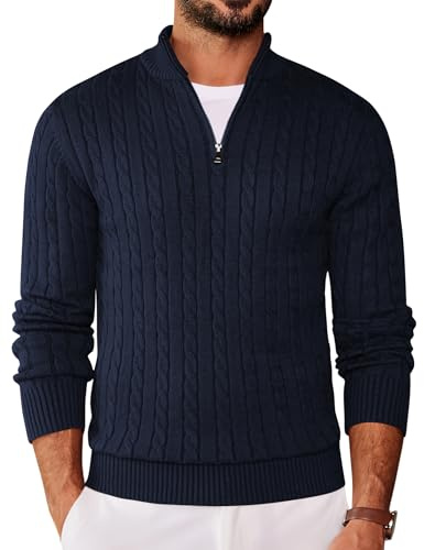 COOFANDY Pull Homme Col Montant Half Zip Manches Longues Coupe Slim Pull Col Roulé Maille Fine Basic Pull Polo Motif Tressé