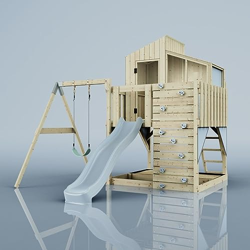 Rebo Spielturm mit Spielhaus inkl. Wellenrutsche und Kinder-Schaukel | Outdoor Klettergerüst Garten | Kletterwand und Kletterleiter | Stabile Konstruktion, Weiches Gefühl in den Seilen