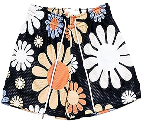 BOOMLEMON Mens Mesh Graphic Print Shorts Casual Workout Cool Shorts Gym Basketball Running Short Pants(Flowers Black L)