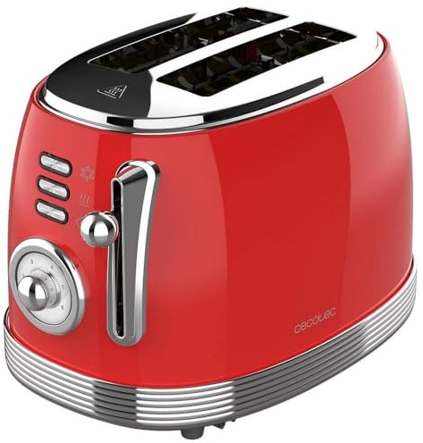 Cecotec Vertikaler Toaster 2 Kurze Schlitze Toast&Taste 800 Vintage Light Red. 850 W, 2 Brotscheiben, Extra Breite Schlitze 3,8 cm, Edelstahl-Finish, Vintage-Stil, Rot