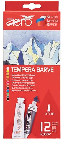 AERO Tempera, 12 leuchtende und intensive Farben, 7,5ml, hochpigmentiert, mit Wasser vermalbar, für zahlreiche Maltechniken