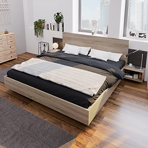 KUAKE Holzbett Doppelbett Bettanlage mit 2 Nachtkommoden, 160 x 200 cm Modernes Bett mit Lattenrost und Kopfteil, Schlafzimmer Komplett Set in Eiche & Dunkelgrau, für Erwachsene & Jugendliche