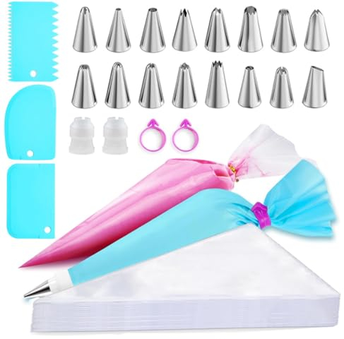 NCCHDZSW Manga pastelera con boquillas profesional, 125 unidades, 100 mangas pasteleras, 16 boquillas, 3 espátulas, 2 boquillas de pastel, 2 baños de goma, 2 mangas pasteleras de silicona para tartas,