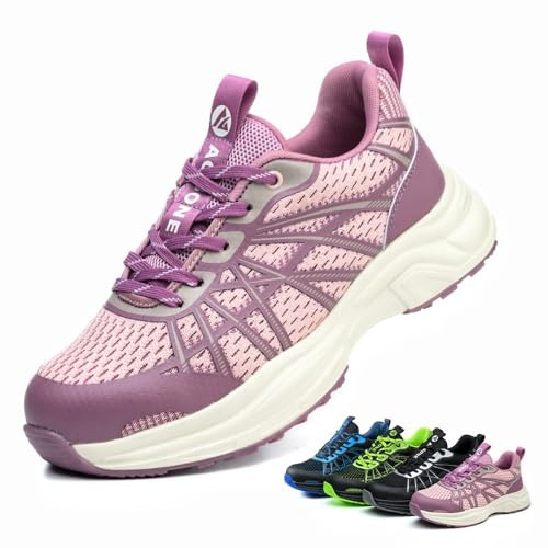 Zapatos de Seguridad para Hombre Mujer Zapatillas Trabajo Comodo Ligero Calzado de Seguridad con Punta de Acero Transpirable Antideslizantes，Rosa，37 EU