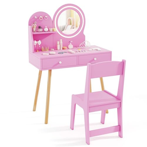 COSTWAY Kids Dressing Table, Girls Vanity Set with Stool, 2-Color LED Lights Mirror, Drawers, Storage Shelf and Hooks, Make Up Pretend Dresser Desk Chair Set (Pink)