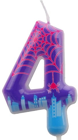 Spider Birthday Number Candle, Purple Cartoon Spider Web Cake Topper Number Candle for Boys Girls Birthday Party Supplies Halloween Themed Decorations（4）