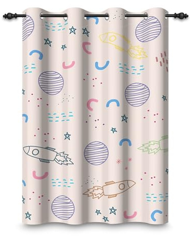 ggaimwf 107x160cm Cortina con Ojales de Dibujos Animados para Dormitorio Infantil Rosa Espacio Cohete Planeta Universo Cortinas Opacas con Ojales para la habitación de un niño,1 Panel Individual
