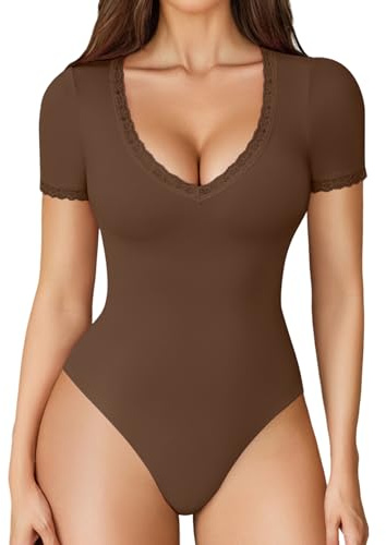 Avidlove Lace Body Suits Women Short Sleeve Bodysuit V Neck Body Suit One Piece Going Out Nashville Outfits(Brown,M)