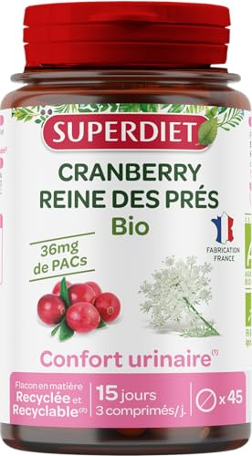 SUPERDIET – CRANBERRY REINES DES PRES BIO – Confort urinaire – Fabrication française – 45 comprimés