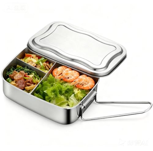 OITUGG Lonchera de acero inoxidable de 2000 ml para adultos y niños, 3 compartimentos, con asa diseñada, tapas fáciles de abrir, tamaño 20 x 15 x 6 cm