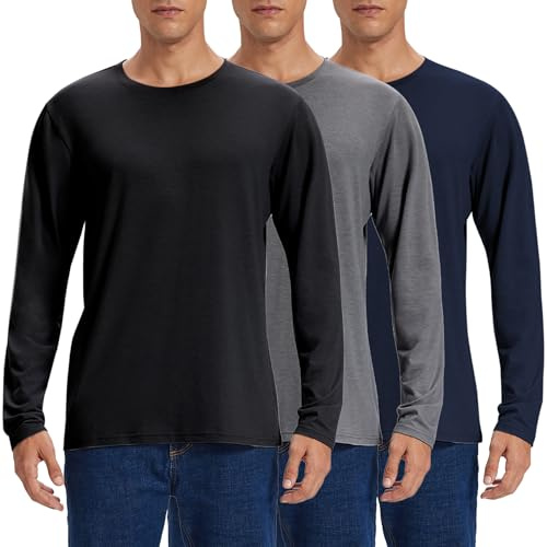 HIOUTDOOR Confezione Da 3 Magliette Da Uomo A Maniche Lunghe, In Cotone, Girocollo, Basic, Ideali Per Il Lavoro, Il Tempo Libero, Biancheria Intima Sportiva, Nero/Blu Navy/Grigio Scuro, Taglia XL
