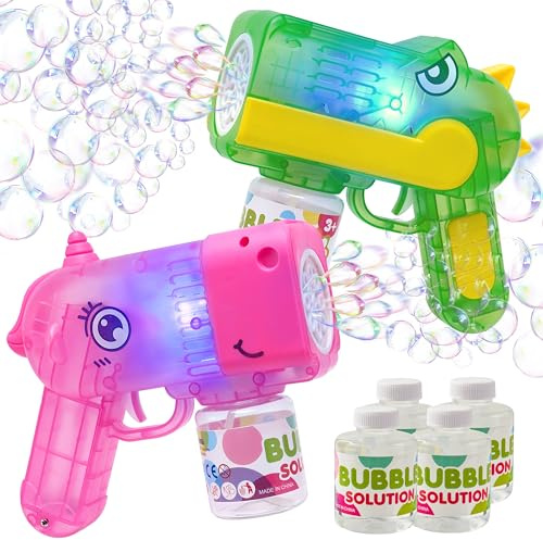 2 Seifenblasen Pistolen für Kinder mit 4 x 50ml Seifenblasenflüssigkeit, Seifenblasenpistole für Indoor & Outdoor Spiele, Sommer Themed Party, Geburtstag, Party Favors(Dinosaurier, Einhorn)